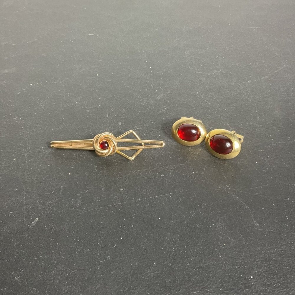 Vintage Gold-Tone Tie Clip & Red Stone Cufflinks Set